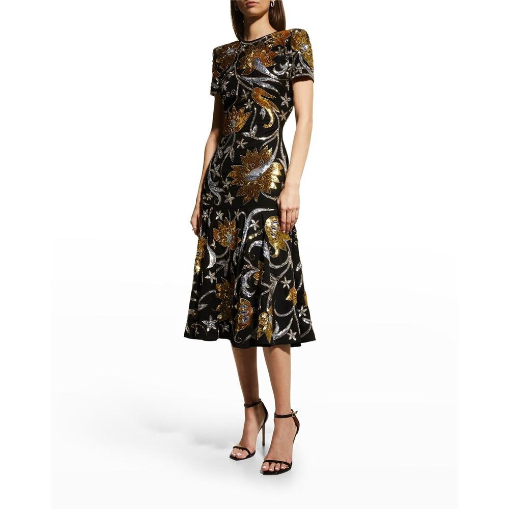 Naeem Khan Strong-Shoulder Midi Dress Size 12 Black Sequin Open-Back NWT $6495